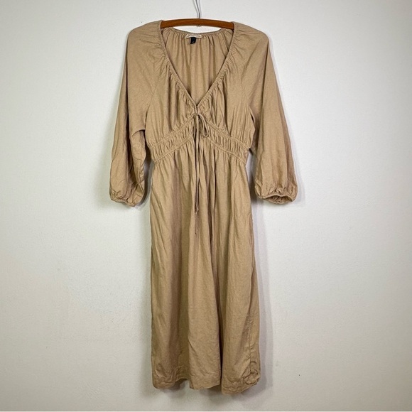 Target Universal Thread Linen Prairie Milkmaid Peasant Midi V Neck Dress Wheat S - Picture 15 of 15